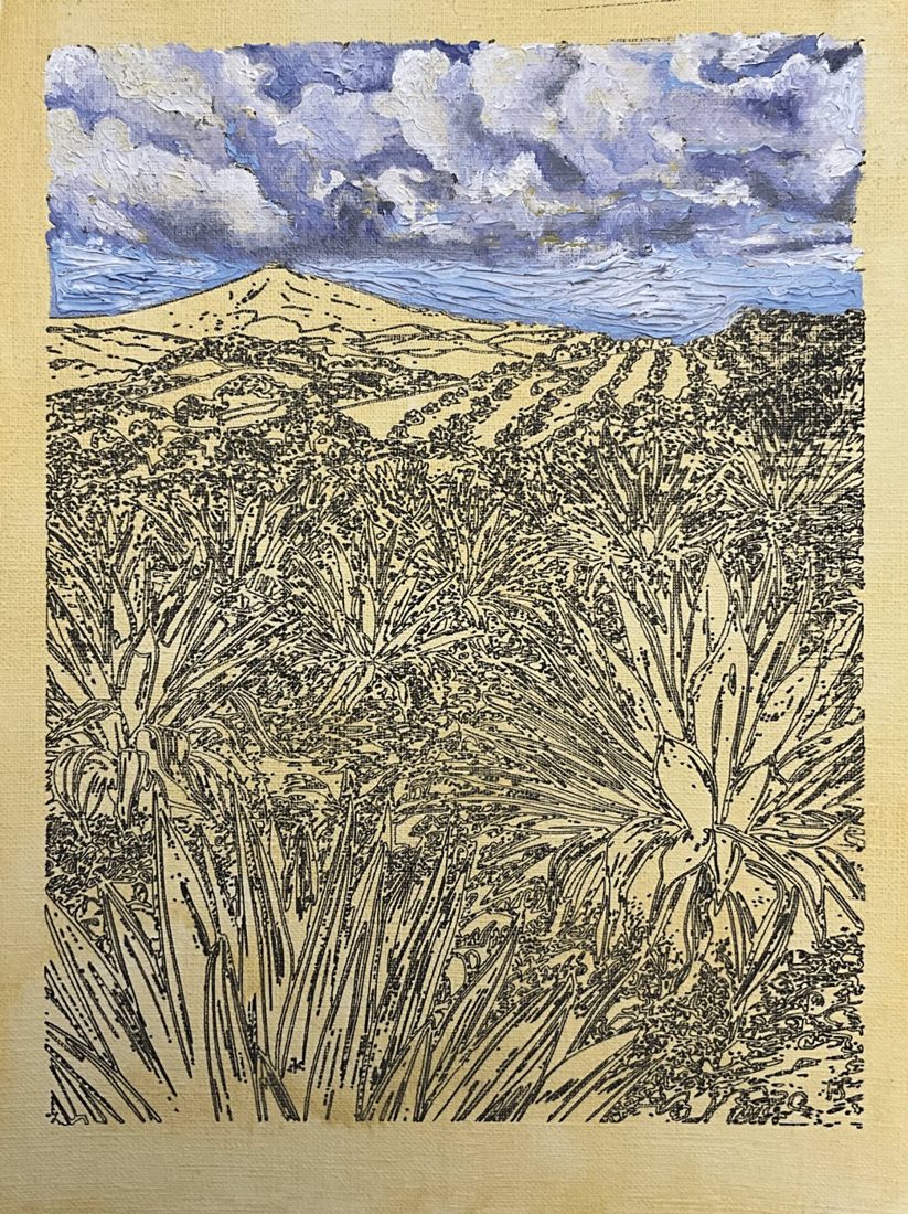 The painting: agave fields drawn in black lines, a volcano and a blue sky painted in oil